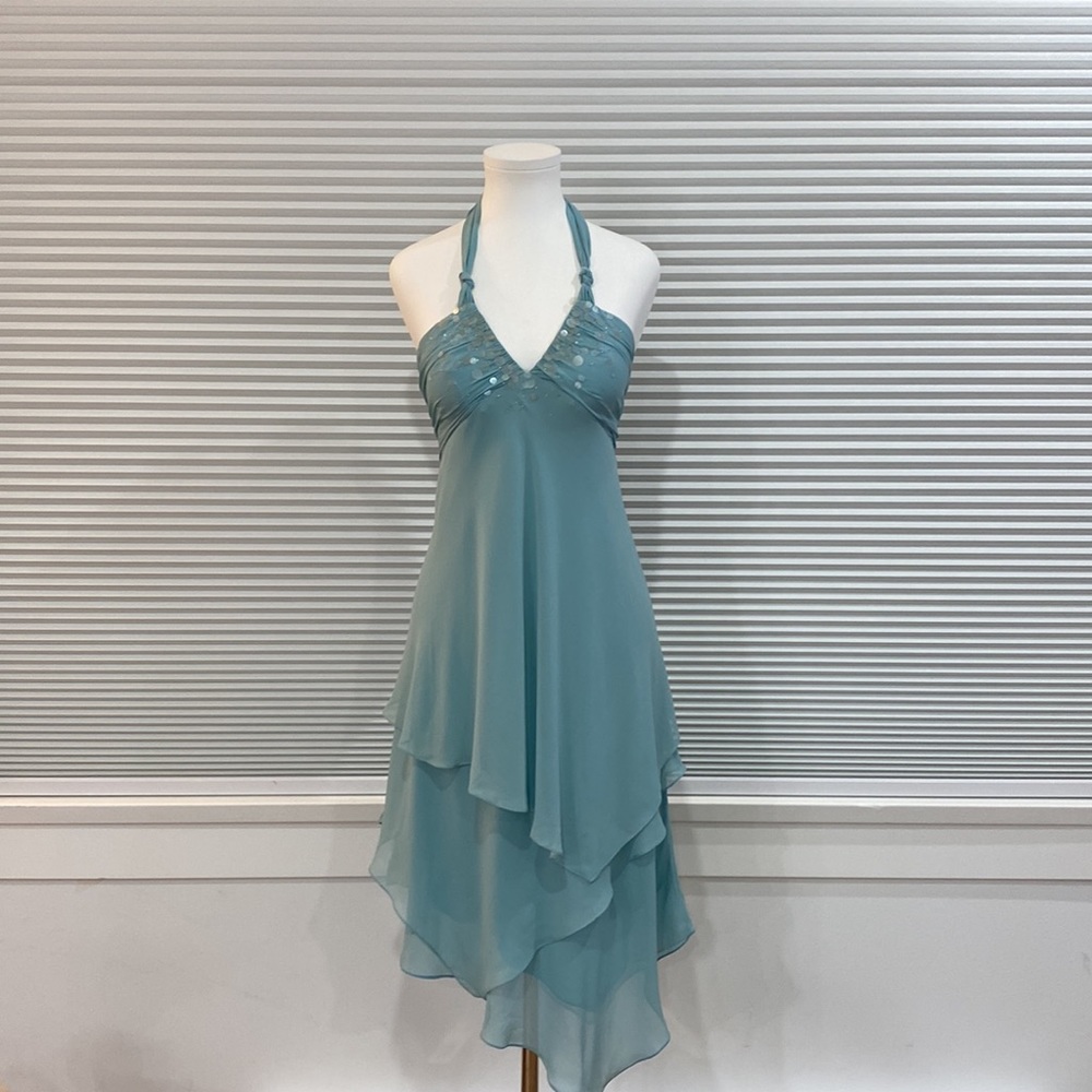 BCBG Maxazria Silk Chiffon Asymmetric Halter Dress